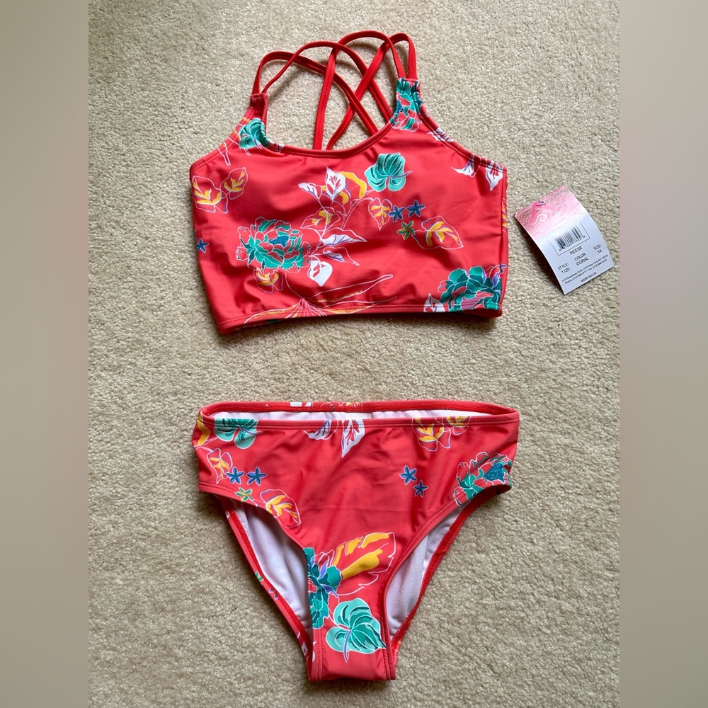 Kanu Surf Girls Waverly Upf50Beach Sport Tankini, Size 14, Reese Coral, NWT